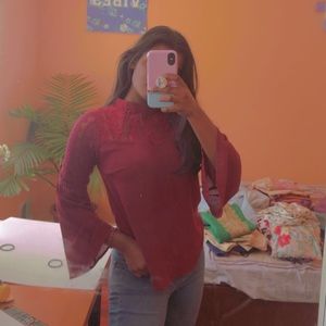 Flared sleeves netted neck soft silky shirt